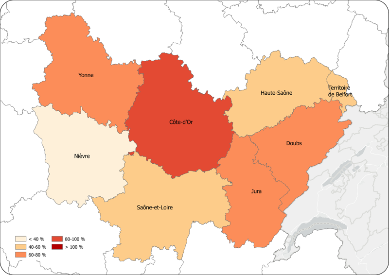 Taux d’évolution par département de la sinistralité annuelle moyenne calculée à l’horizon 2050 par rapport à la sinistralité annuelle moyenne à climat actuel pour les aléas inondation et sécheresse