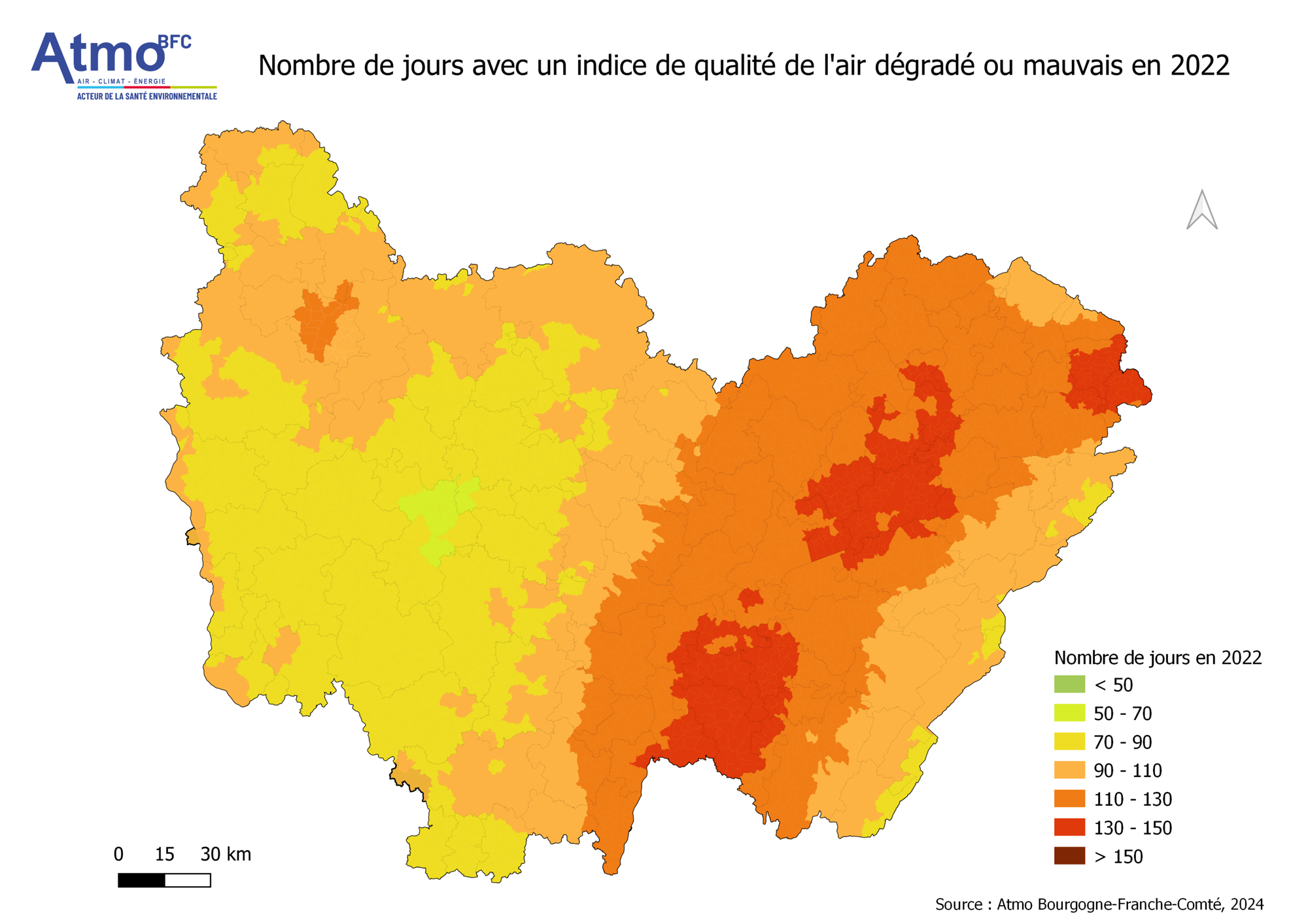 Nombre de jours avec un indice de qualité de l’air dégradé ou mauvais par commune (2022)